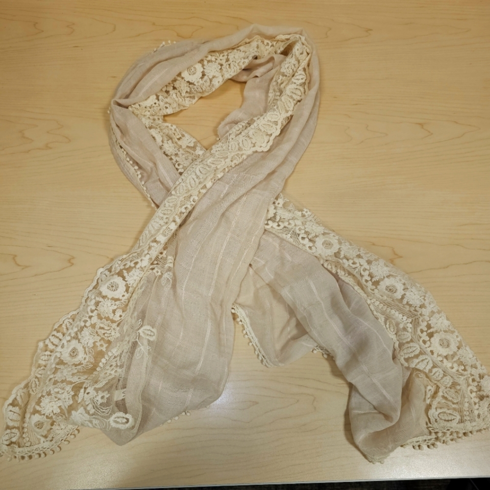 Beige Embroidered Oblong Lace Edging Scarf